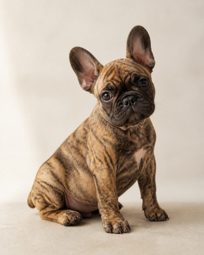 French Bulldog brindle dengan garis gelap di atas warna dasar fawn