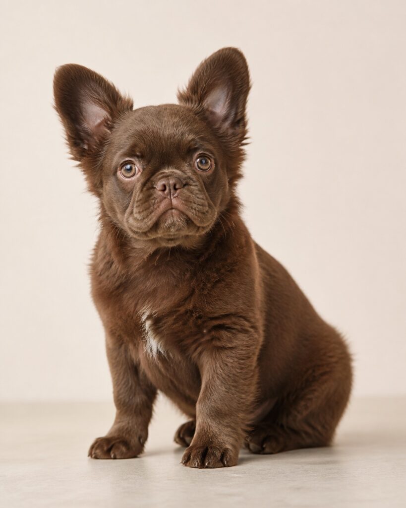 Fluffy French Bulldog chocolate dengan bulu panjang
