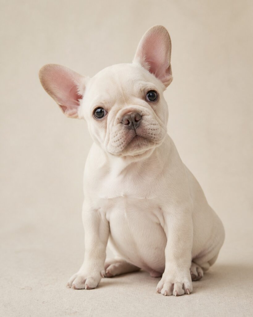 French Bulldog platinum dengan bulu ivory sangat terang dan pigmen terdilusi